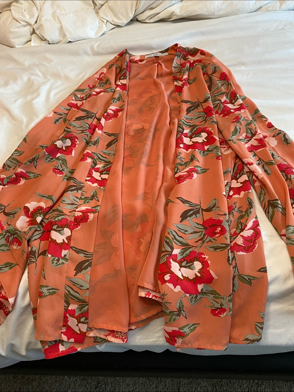 Peach Floral Open-Front Kimono style blouse cover with Red & Green Print